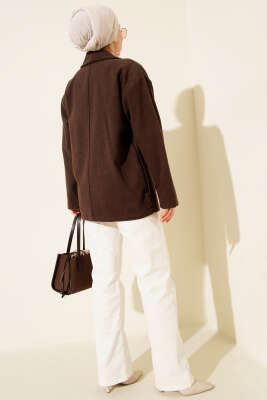 Çift Düğmeli Kısa Kaşe Kaban Kahve - Kaban