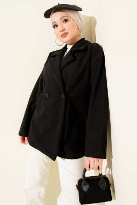 Çift Düğmeli Kısa Kaşe Kaban Siyah - CALİENTE