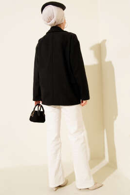 Çift Düğmeli Kısa Kaşe Kaban Siyah - Kaban