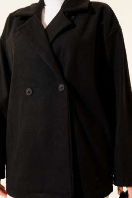 Çift Düğmeli Kısa Kaşe Kaban Siyah - Kaban