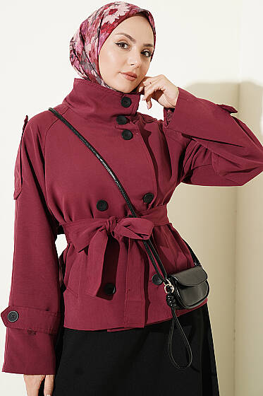 Çift Düğmeli Kuşaklı Kısa Trençkot Vişne - Trençkot