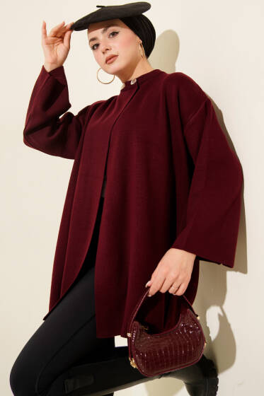 Çift Düğmeli Triko Panço Bordo - Günün Seçilenleri