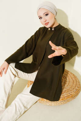 Çift Düğmeli Triko Panço Haki - VANİZA TRİKO