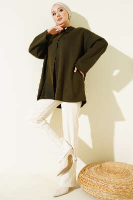 Çift Düğmeli Triko Panço Haki - Panço