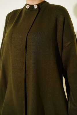 Çift Düğmeli Triko Panço Haki - Panço