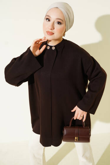 Çift Düğmeli Triko Panço Kahve - Panço