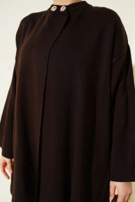 Çift Düğmeli Triko Panço Kahve - Panço