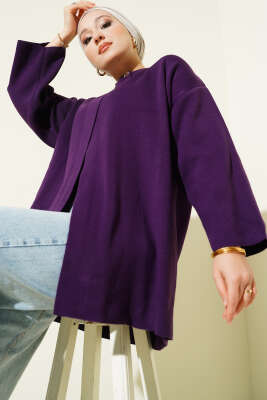 Çift Düğmeli Triko Panço Mor - VANİZA TRİKO