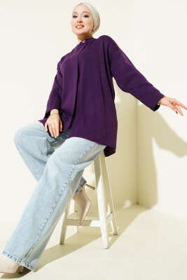 Çift Düğmeli Triko Panço Mor - Panço