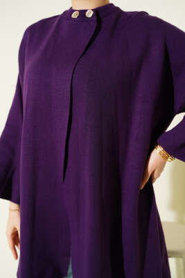 Çift Düğmeli Triko Panço Mor - Panço
