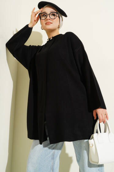 Çift Düğmeli Triko Panço Siyah - Panço