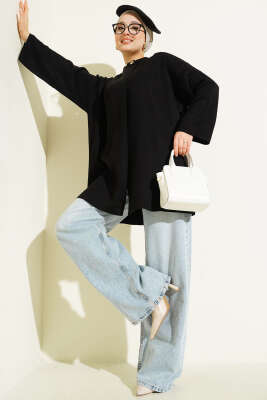 Çift Düğmeli Triko Panço Siyah - Panço