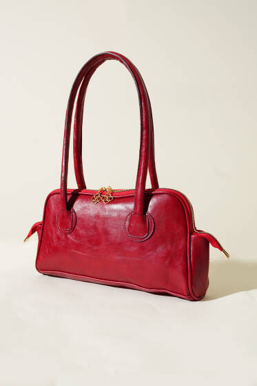 Çift Fermuar Kafalı Dikdörtgen Çanta Bordo - Kol Çantası