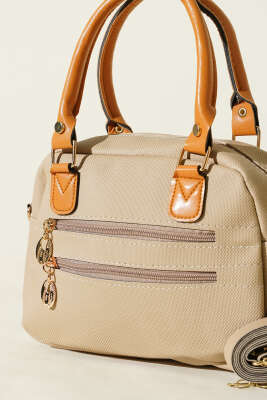 Çift Fermuarlı Bölmeli Çanta Bej - Kol Çantası