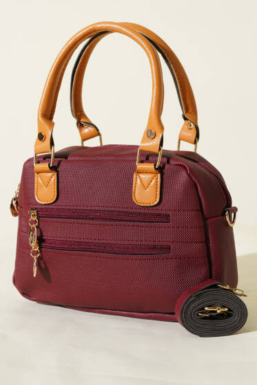 Çift Fermuarlı Bölmeli Çanta Bordo - Kol Çantası