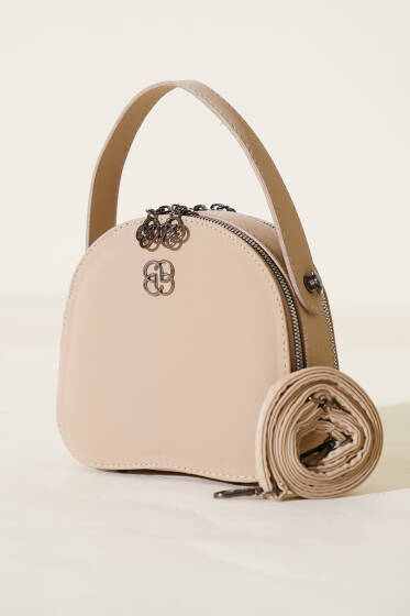 Çift Fermuarlı Oval Çanta Bej - Kol Çantası