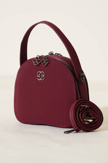 Çift Fermuarlı Oval Çanta Bordo - Kol Çantası