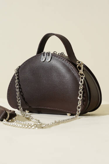 Çift Fermuarlı Zincir Askılı Çanta Acı Kahve - Kol Çantası