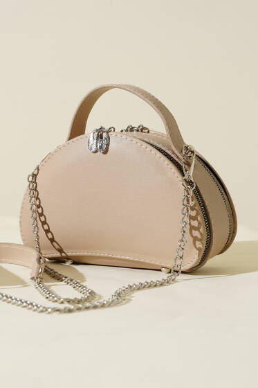 Çift Fermuarlı Zincir Askılı Çanta Bej - Kol Çantası