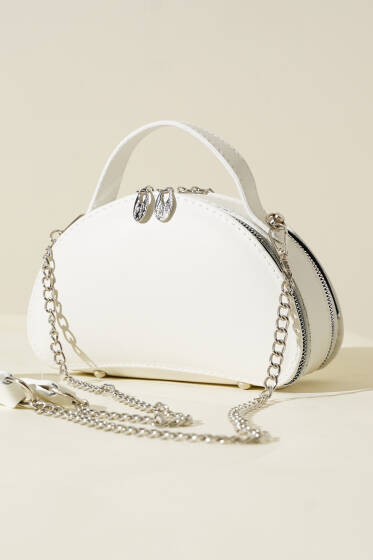 Çift Fermuarlı Zincir Askılı Çanta Beyaz - Kol Çantası
