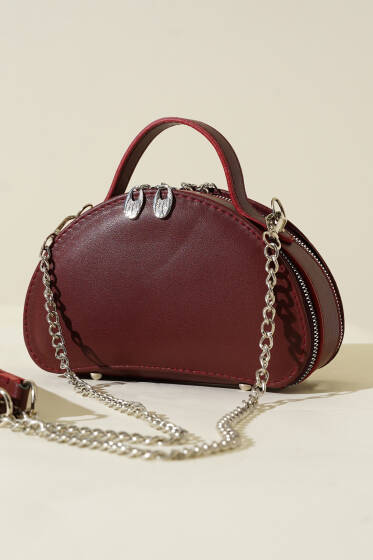 Çift Fermuarlı Zincir Askılı Çanta Bordo - Kol Çantası