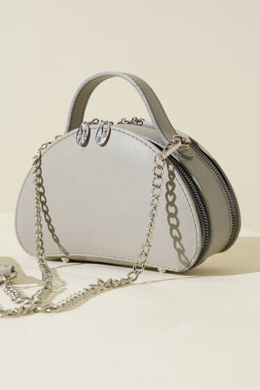 Çift Fermuarlı Zincir Askılı Çanta Gri - Kol Çantası