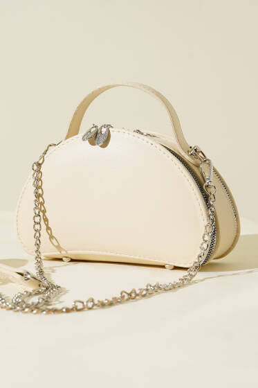 Çift Fermuarlı Zincir Askılı Çanta Krem - Kol Çantası