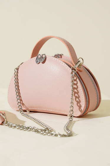 Çift Fermuarlı Zincir Askılı Çanta Pudra - Kol Çantası