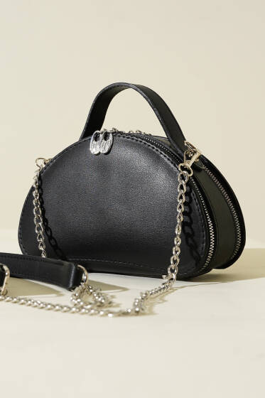 Çift Fermuarlı Zincir Askılı Çanta Siyah - Kol Çantası