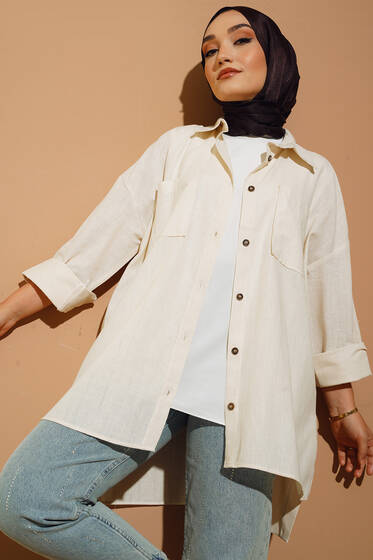 Çift Göğüs Cepli Arkası Uzun Gömlek Bej - Gömlek