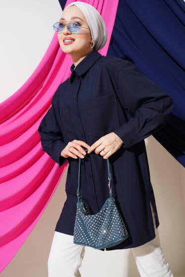 Çift Göğüs Cepli Basic Gömlek Lacivert - Gömlek