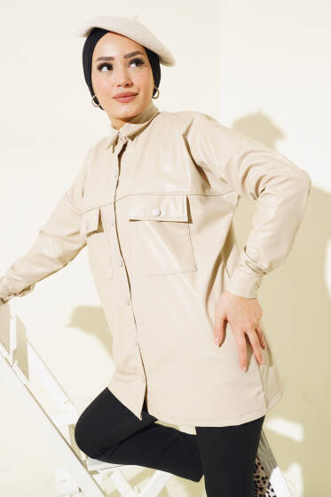Çift Göğüs Cepli Deri Gömlek Bej - Gömlek