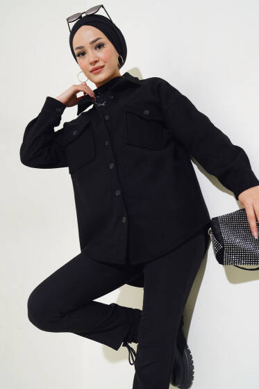Çift Göğüs Cepli Düğmeli Ceket Siyah - Ceket