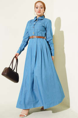 Çift Göğüs Cepli Düğmeli Kot Elbise Açık Mavi - BERAT TEKSTİL