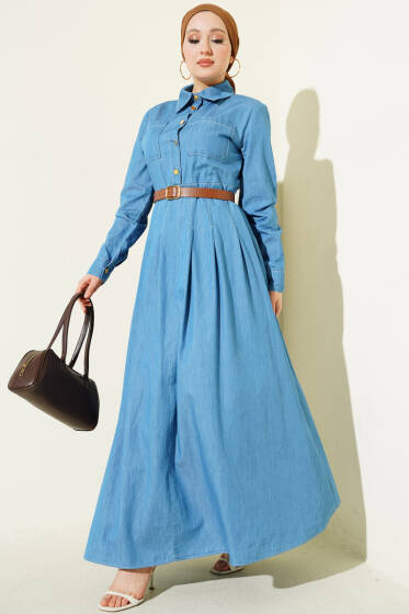 Çift Göğüs Cepli Düğmeli Kot Elbise Açık Mavi - Elbise