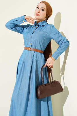 Çift Göğüs Cepli Düğmeli Kot Elbise Açık Mavi - Elbise