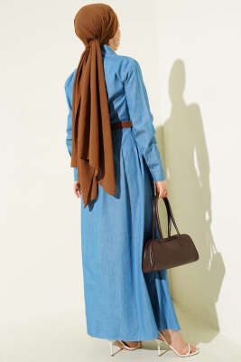 Çift Göğüs Cepli Düğmeli Kot Elbise Açık Mavi - Elbise