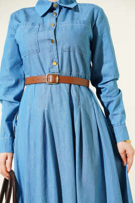 Çift Göğüs Cepli Düğmeli Kot Elbise Açık Mavi - Elbise