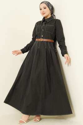 Çift Göğüs Cepli Düğmeli Kot Elbise Antrasit - BERAT TEKSTİL