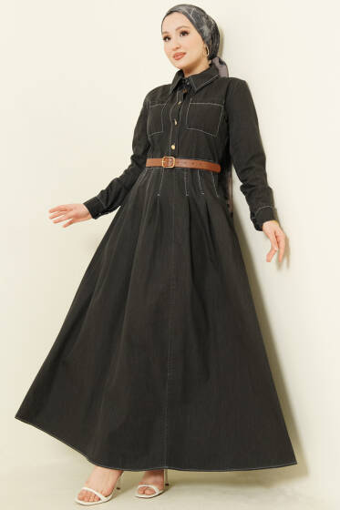 Çift Göğüs Cepli Düğmeli Kot Elbise Antrasit - Elbise