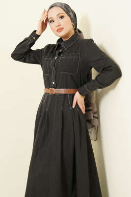 Çift Göğüs Cepli Düğmeli Kot Elbise Antrasit - Elbise