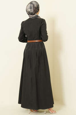 Çift Göğüs Cepli Düğmeli Kot Elbise Antrasit - Elbise