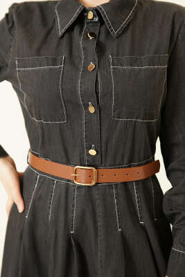 Çift Göğüs Cepli Düğmeli Kot Elbise Antrasit - Elbise