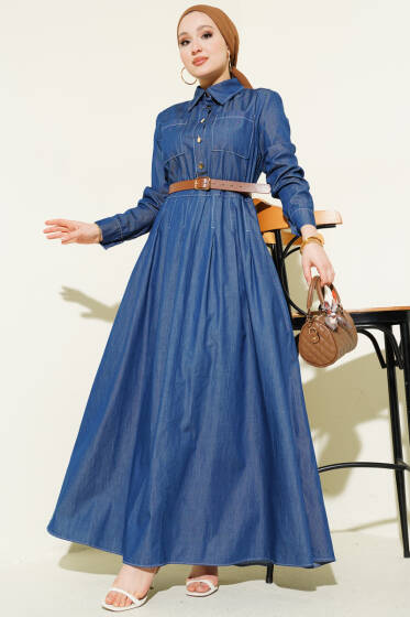 Çift Göğüs Cepli Düğmeli Kot Elbise Mavi - Elbise