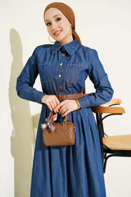 Çift Göğüs Cepli Düğmeli Kot Elbise Mavi - Elbise