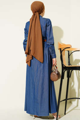 Çift Göğüs Cepli Düğmeli Kot Elbise Mavi - Elbise