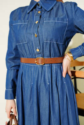 Çift Göğüs Cepli Düğmeli Kot Elbise Mavi - Elbise