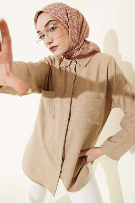 Çift Göğüs Cepli Gizli Düğmeli Gömlek Bej - FİXAY