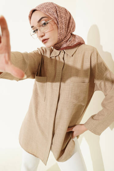 Çift Göğüs Cepli Gizli Düğmeli Gömlek Bej - Gömlek