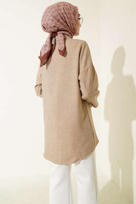 Çift Göğüs Cepli Gizli Düğmeli Gömlek Bej - Gömlek